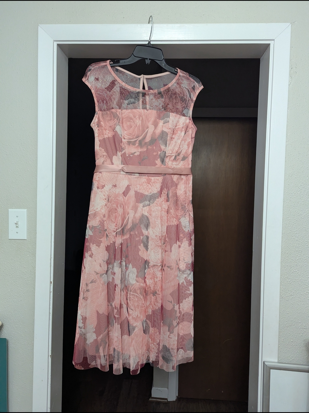Rose-Print Pink Mesh Midi Dress